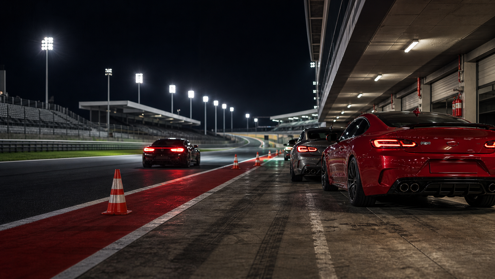 Carros esportivos em evento Track Night da Apex Academy em pista iluminada à noite.